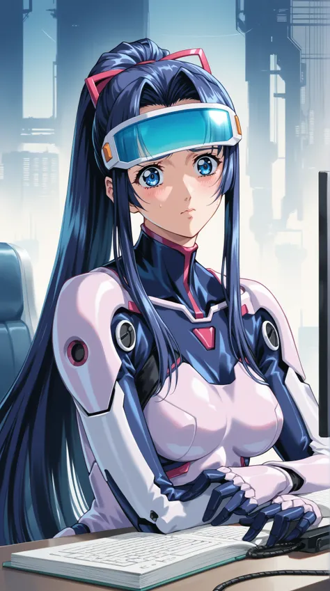 (Yokota Mamoru style),(portrait :1.4),score_9, score_8_up, score_7_up, source_anime, dramatic pose around computer desk, Portrait, sunny day, 1girl, dark blue hair, Long Hair with a High Ponytail,  futuristic suit , cold, looks nervous, A faint blush, Slee...