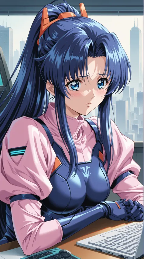 (Yokota Mamoru style),(portrait :1.4),score_9, score_8_up, score_7_up, source_anime, dramatic pose around computer desk, Portrait, sunny day, 1girl, dark blue hair, Long Hair with a High Ponytail,  futuristic suit , cold, looks nervous, A faint blush, Slee...