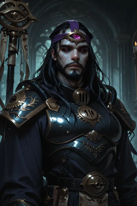 UHD, masterpiece, anatomically correct, super detail, best quality, high-res, 16k, solo, 1boy, purple silk headband, black hair, pale skin, black eyes, black sclera, arrogant face, Roman nose, black beard, third eye, purple veins, skinny, long fingers, cla...