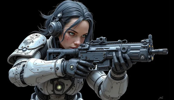 high quality, 8k, 4k, ray tracing, perfect image of a futuristic space marine girl, tactical assault heavy combat suit, parts of the combat suit are made of carbon fiber, suit in glossy black and white, reinforced plastic armor on light gray forearms. Embl...