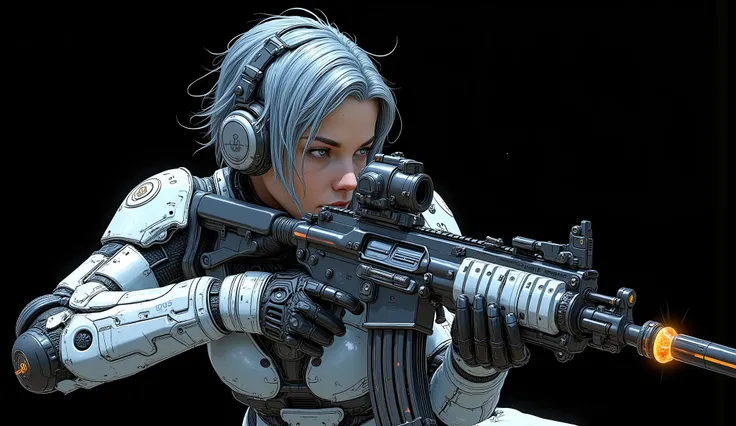 high quality, 8k, 4k, ray tracing, perfect image of a futuristic space marine girl, tactical assault heavy combat suit, parts of the combat suit are made of carbon fiber, suit in glossy black and white, reinforced plastic armor on light gray forearms. Embl...