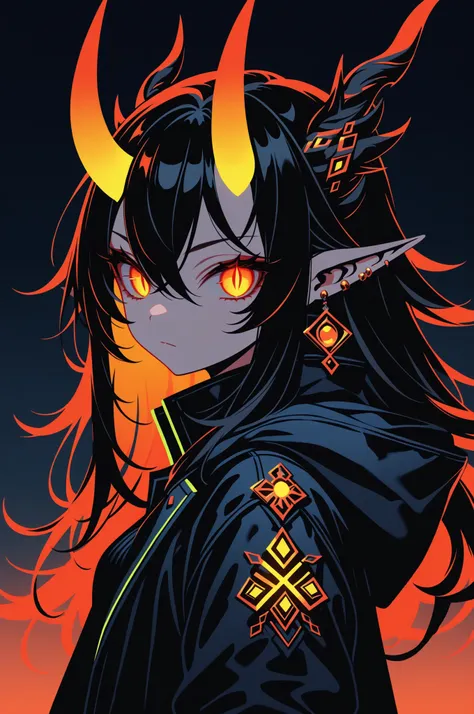 1girl, solo, dark fantasy, high contrast lighting, digital vector illustration,long hair, looking at viewer, bangs, black hair, hair between eyes, neon jewelry, closed mouth, jacket, upper body, multicolored hair, horns, pointy ears, from side, orange eyes...