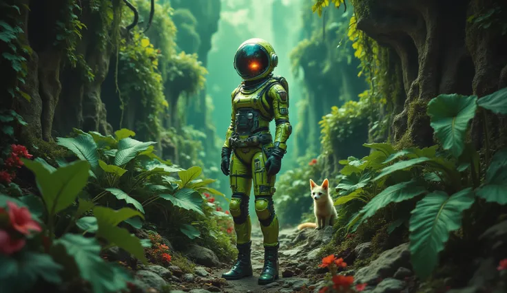 Full body female astronaut standing in a lush green alien jungle, her retro-futuristic suit contrasting with the vibrant vegetation, vines glowing softly, giant leaves shimmering with bioluminescence, beside her a mutated cute animal (small fox-like creatu...