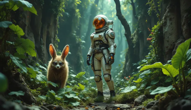 Full body female astronaut standing in a lush green nova terra  jungle, her retro-futuristic suit contrasting with the vibrant vegetation, vines glowing softly, giant leaves shimmering with bioluminescence, beside her a ((mutated cute anima))l ((big creatu...