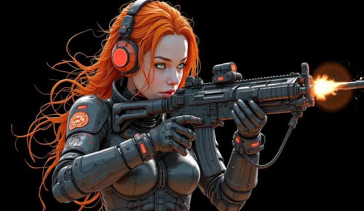 high quality, 8k, 4k, ray tracing, perfect image of a futuristic space marine girl, tactical assault heavy combat suit, parts of the combat suit are made of carbon fiber, suit in glossy black and matte black, reinforced plastic armor on light dark red fore...