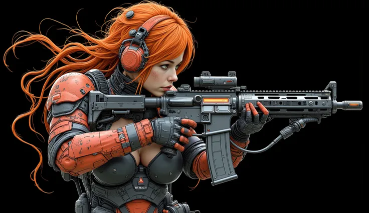 high quality, 8k, 4k, ray tracing, perfect image of a futuristic space marine girl, tactical assault heavy combat suit, parts of the combat suit are made of carbon fiber, suit in glossy black and matte black, reinforced plastic armor on light dark red fore...