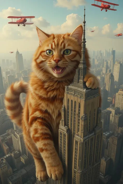 Generate me a funny cute fluffy photorealistic image of a giant cat using the Empire State Building as a scratching post. There’s are several red biplanes flying around the cat. The images is like a King Kong movie. The cat has a excited look on its face ...