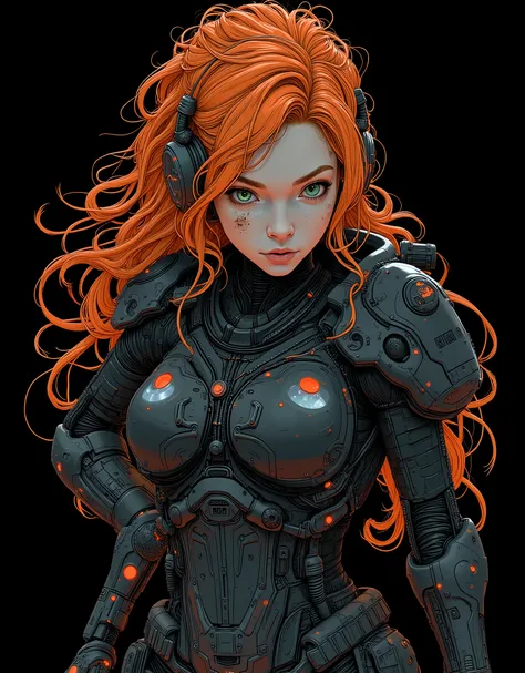high quality, 8k, 4k, ray tracing, perfect image of a futuristic space marine girl, tactical assault heavy combat suit, parts of the combat suit are made of carbon fiber, suit in glossy black and matte black, reinforced plastic armor on light dark red fore...