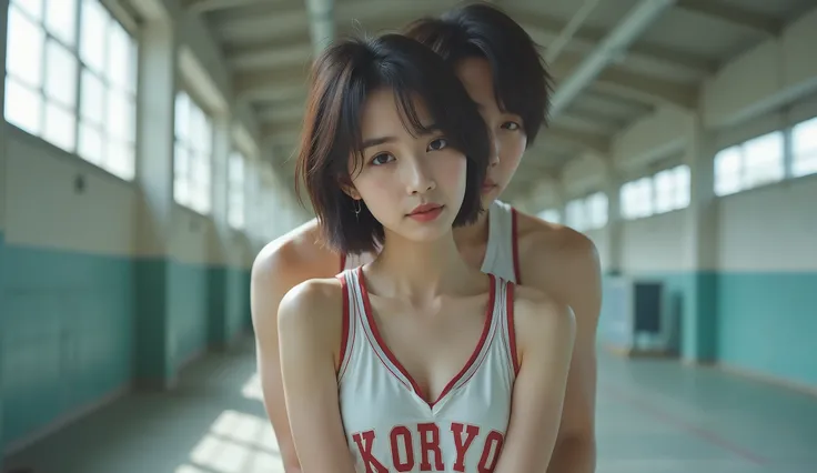 reality、Japanese teenage girls 、laughing smile 、super short hair、dark haired、dark eyes、Shy、blush、((On the chest「KORYO」A white basketball uniform with the Japanese text、Wide Decollete、medium breasts、belly button out、Belly exposed、thin、Thin Waist、White Low R...