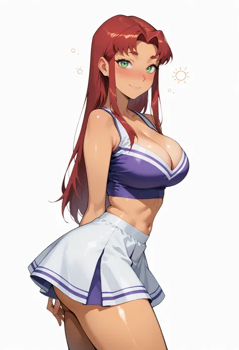 masterpiece, the best quality, 1girl, Starfire, red hair, long hair, Green Eyes, orange skin, blush, drunk,, , looking at viewer,, , solo,, large breasts, big ass, thick thigs, wide hips, slim waist, mature body, nose blush,, looking at viewer, nice legs, ...