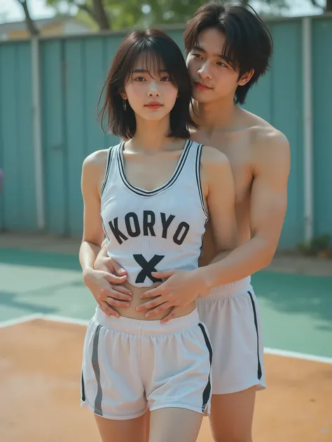 a young Japanese woman with black hair super short hair and fair skin, with large black letters on her chest「KORYO」standing wearing a white basketball uniform with {x} written on it、belly button out、Belly exposed、thighs.  she also has 、wearing white super ...