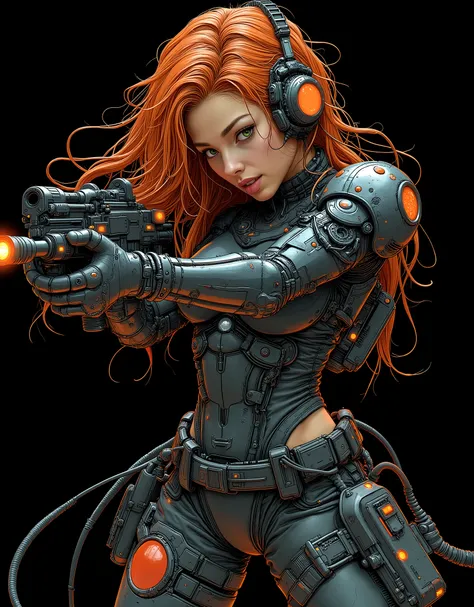 high quality, 8k, 4k, ray tracing, perfect image of a futuristic space marine girl, tactical assault heavy combat suit, parts of the combat suit are made of carbon fiber, suit in glossy black and matte black, reinforced plastic armor on light dark red fore...