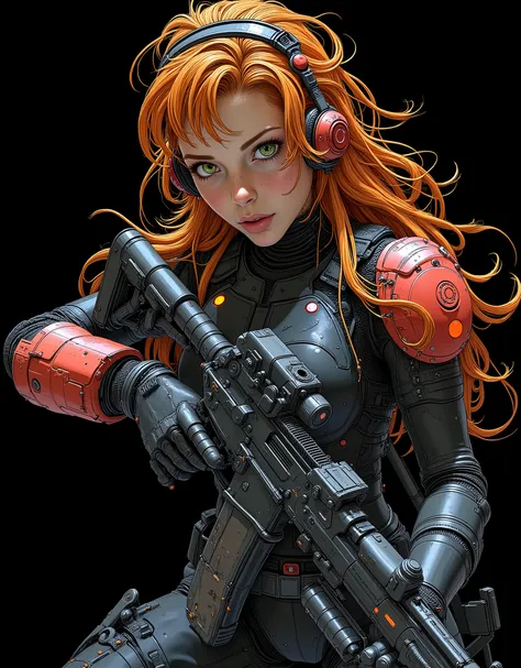 high quality, 8k, 4k, ray tracing, perfect image of a futuristic space marine girl, tactical assault heavy combat suit, parts of the combat suit are made of carbon fiber, suit in glossy black and matte black, reinforced plastic armor on light dark red fore...