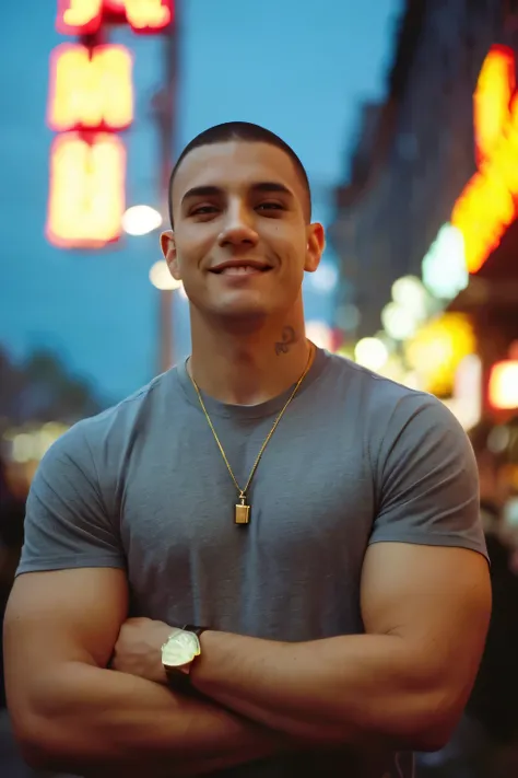 Photograph taken with 35mm Kodak Portra 800 film of a muscular, tattooed 19 year-old man with a taper fade haircut in broad shoulders, wearing a pair of diesel jeans,, standing by the Central Park reservoir at night under a full moon. In one hand by his si...