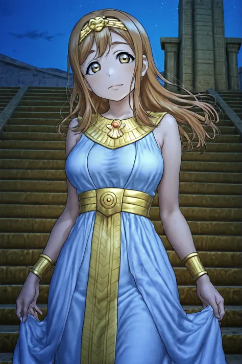 rukia,front view,professional art, highres, hdr,  silky hair, detailed clothing, vibrant colors, kunikida hanamaru , Egyptian dress,  tiara,flowing hair, upper body,elegant Egyptian accessories, cowboy shot, outdoors,skirt ,stairs , night 