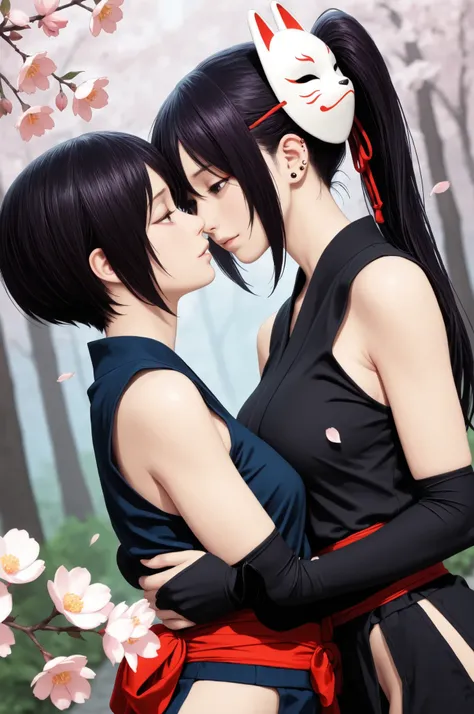 2Girls Lesbian Kunoichi ((Highest Quality)), ((masterpiece、high sensitivity、high resolution、detailed description、accurate to human anatomy depicting a delicate face)）Kunoichi no Sato、Moonlight、Two People Embracing Each Other in the Cherry Blossoms at Night...