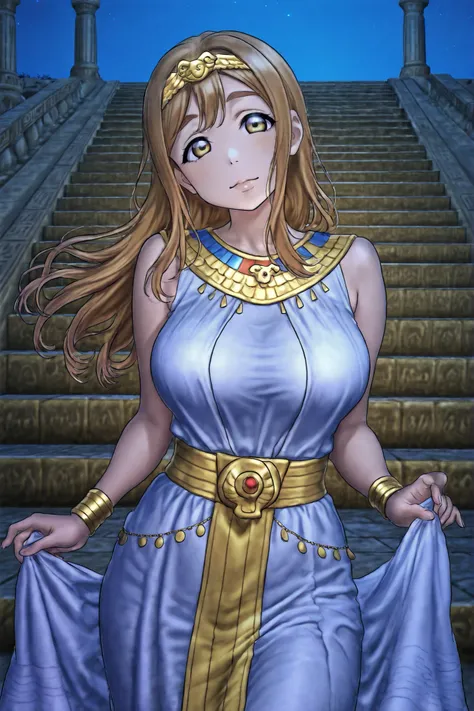 rukia,front view,professional art, highres, hdr, silky hair, detailed clothing, vibrant colors, kunikida hanamaru , Egyptian dress, tiara,flowing hair, upper body,elegant Egyptian accessories, cowboy shot, outdoors,skirt ,stairs , night , large breasts