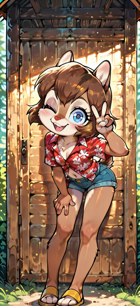 score_9, score_8_up, score_7_up, score_6_up,, hi_res, furry_source, absurdres, masterpiece, best quality, amazing quality, Chip'n Dale Rescue Rangers, 1girl, solo, alone, Femdale, furry, anthro, chipmunk girl, brown fur, blue eyes, chipmunk tail, red nose,...