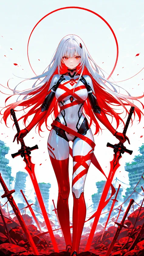 Woman as Legendary Guardian、supple figure、Expandable Glowing Sword、Red and White Color Scheme、Long Hair Fluttering in the Wind、Background with a mixture of ancient ruins and futuristic cities、Figure Wrapped in Mysterious Light、Courageous Standing、emotional...