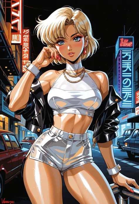 retro anime, classic anime, manga, vintage, flat colors, bold lines, matte, faded colors, retro (artistic, evocative, stylish, dramatic). Very close view, masterpiece, best quality, highres, Hayase Misa, red short hair, expressive eyes, 1girl, solo, 1980s ...