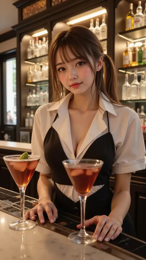 ((sexy actress bartender)), (Baby-faced beautiful girl:1.5, Transcendental young model face:1.3), (Formal Wear), A slender silhouette, nice counter bar, Original cocktails, perfect anatomy