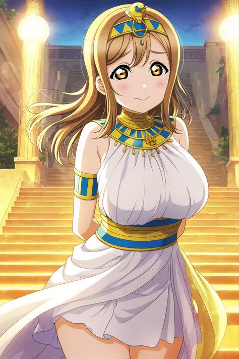 Love live, love live official artwork, anime screen cap,front view,professional art, highres, hdr, silky hair, detailed clothing, vibrant colors, kunikida hanamaru , Egyptian dress, tiara,flowing hair, upper body,elegant Egyptian accessories, cowboy shot...