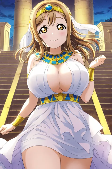 Love live, love live official artwork, anime screen cap,front view,professional art, highres, hdr, silky hair, detailed clothing, vibrant colors, kunikida hanamaru , Egyptian dress, tiara,flowing hair, upper body,elegant Egyptian accessories, cowboy shot...