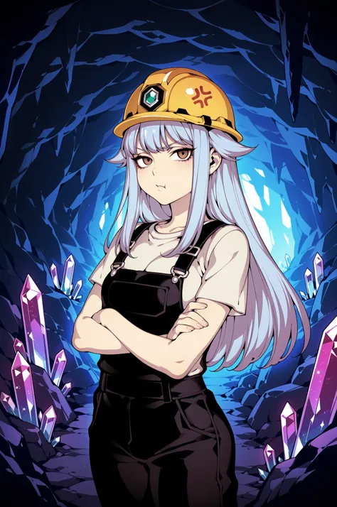 Source_anime, fishine style, 1girl, solo, fancy girl BREAK 

Light blue hair, long hair, hair flaps, brown eyes, small breasts BREAK 

White shirt, short sleeves, black overalls, hard hat BREAK  

Looking at viewer, bored face, frown, closed mouth, standin...