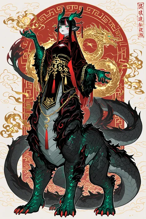 (dragon taur, centauroid, monster girl,) Girl is golden-red dragon Lúng ,she is hybrid of Eastern dragon. She has a sporty feminine bodybuilding. Her face has asian features. She has green jade narrow eyes. She has a pale skin covered with golden-red scale...