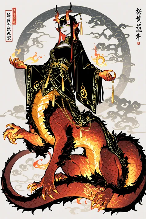 (dragon taur, centauroid, monster girl,) Girl is golden-red dragon Lúng ,she is hybrid of Eastern dragon. She has a sporty feminine bodybuilding. Her face has asian features. She has green jade narrow eyes. She has a pale skin covered with golden-red scale...