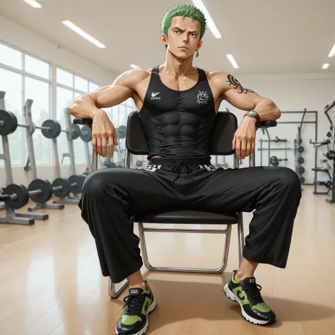 zoro (one piece), wearing a black singlet, wearing long black jogger pants, wearing black sports shoes, sit relaxed in a chair, gym, gym studio background.
