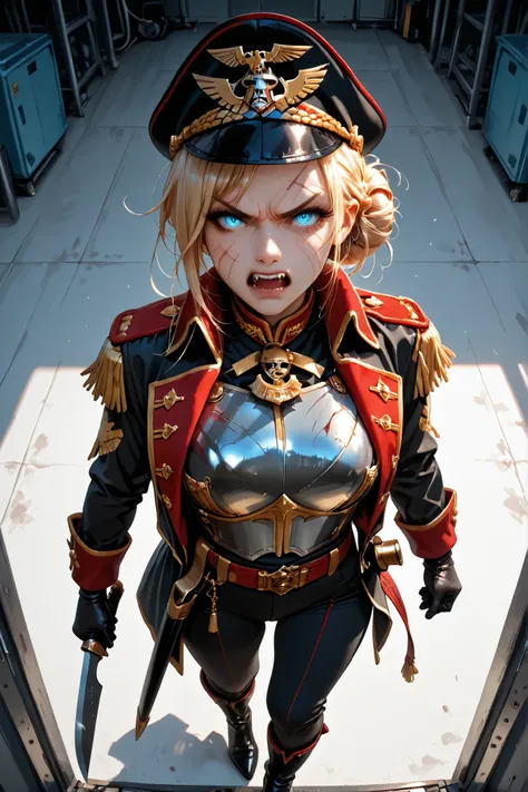 UHD, masterpiece, anatomically correct, super detail, best quality, high-res, 16k, solo, 1girl, blond hair messy bun, commissar cap, icy blue eyes, long eyelashes, little make up, fangs, angry, scars, commissar jacket, large golden medal, breastplate, pant...
