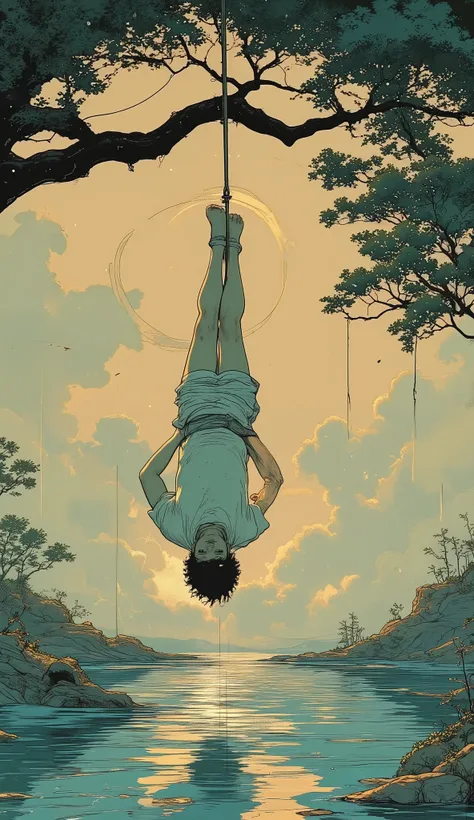 the hanged man. Man hanging upside down from a tree with one foot tied to the branch of a tree, with the other leg crossed forming the number 4, with her hands behind her back, greek clothing, Alo of light in his head, with an aura of calm and serenity, an...