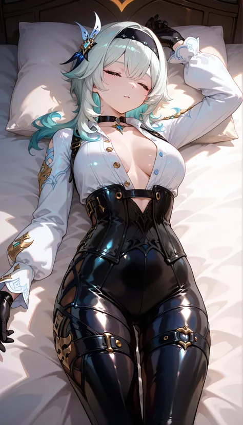 ((dark filter)), BREAK EulasDxL,a woman, Alone, lying in bed, asleep, hair ornament, medium length, Gloves, Chest Harness , long sleeves white, ((cabello azul)), Eyes closed, headband, medium hair, Pechos grandes , thigh harness, black headband, choke...