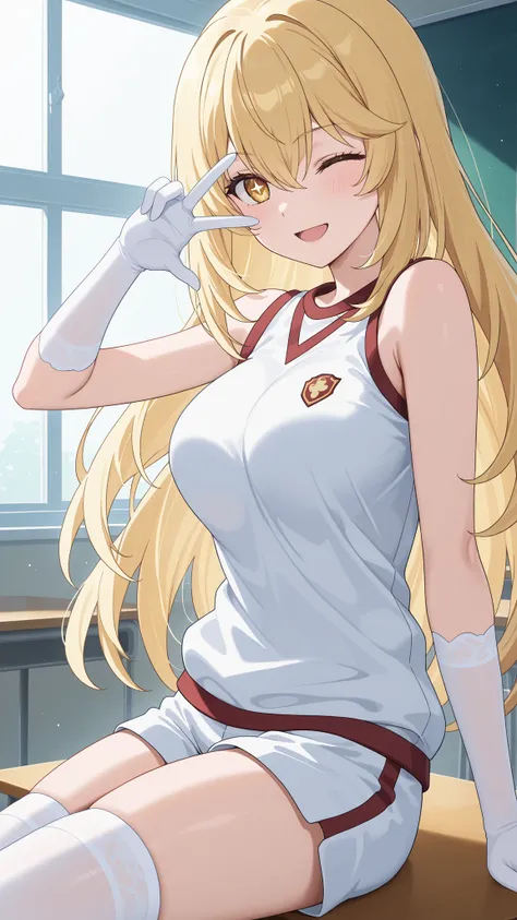 highres, absurdres,source anime,cowboy shot,1girl,solo,misaki shokuhou,blonde hair,hair between eyes,long hair,symbol-shaped pupils,yellow eyes,bare shoulders, gloves, gym shirt, gym shorts, gym uniform, shirt, short shorts, shorts, sleeveless, sleeveless ...