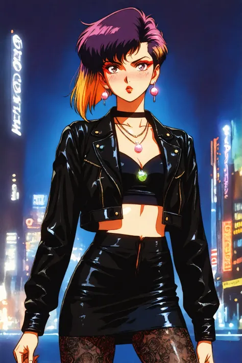 retro anime, classic anime, manga, vintage, flat colors, bold lines, matte, faded colors, retro (artistic, evocative, stylish, dramatic). Very close view, masterpiece, best quality, highres, 1980s (style), retro artstyle, cowboy shot, glossy Prada-inspired...