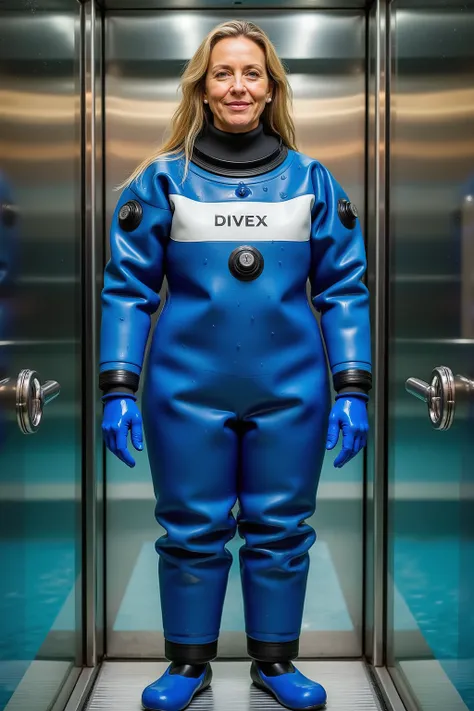 An elegant photograph of a woman wearing a blue and white drysuit that says “DIVEX” on the chest, standing in a glass elevator above a hotel pool, the drysuit has water droplets on it and has built in blue gloves and shoes, the woman is 53 years old and 13...