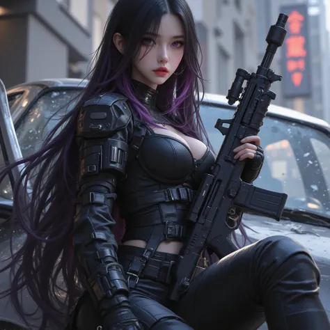 Photo Real、Realistic Skin Texture、gun、extremely tight cyberpunk suit、beautiful long hair、dim cyberpunk city、Beautiful pale violet eyes、Black hair with slightly purple tips、gun撃戦、Use the destroyed car as a shield and hold an assault rifle from behind
