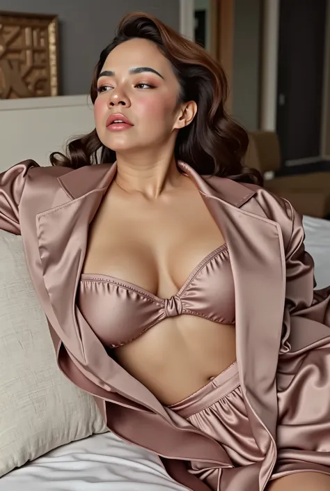 Ecstasy pleasure moaning, closing eyes, beautiful Nora Danish, slightly curvy, huge breast, wearing satin bathrobes, cleavage. ((moaning face, Furrowed eyebrows, closing eyes, open mouth, face facing upwards)). lying on the bed. arms up, pale skin, NSFW