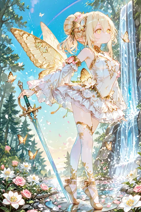 (ima_AI123,)Faèrie princess. She has dexterous athletic physique of ballerina, long flexible thin six-fingered limbs. She has eight mother-of-pearl multicolored dragonfly wings. She has pale ivory skin and long pointy elf ears. Her eyes are sky-blue with g...