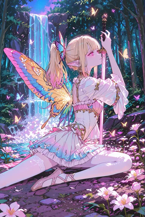 Faèrie princess. She has dexterous athletic physique of ballerina, long flexible thin six-fingered limbs. She has eight multicolored butterfly wings. She has pale ivory skin and long pointy elf ears. Her eyes are sky-blue with glowing sigils of stars. She ...
