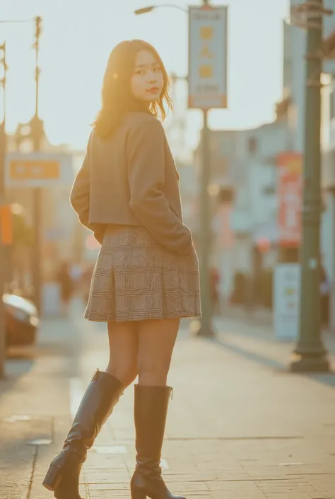 /imagine prompt: Street corner before dusk、The alley with swaying maple leaves and the bakery sign、The air is dyed gold :: Japanese woman (27) :: turning-back glance, soft half-smile, hands in jacket pockets :: [[OUTFIT_START]] - Houndstooth tweed mini ski...