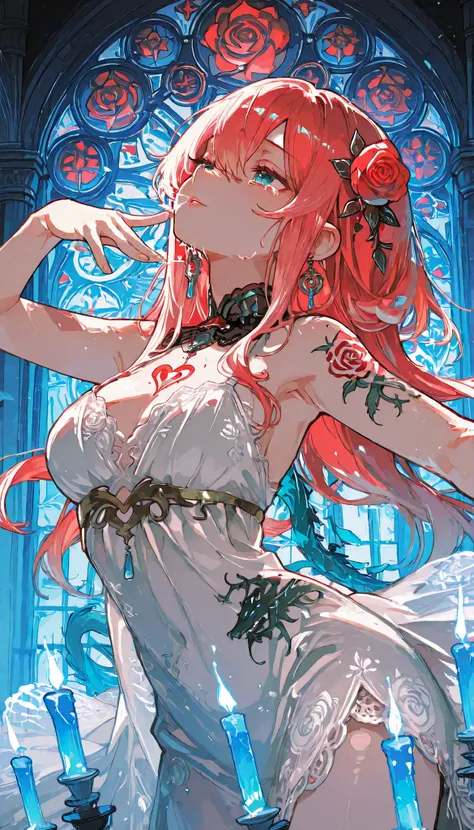 Tattooed Diva, cinematic close-up, 9:16,
Ethereal diva reaching high note — rose tattoo on chest blooms fully, releasing soft red light forming face of lost lover,
Dragon tattoo on back stirs — shadow rises into air, dancing like real entity,
Wearing: d...