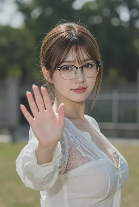 a woman with huge breasts１By people,((A woman with very beautiful hair)),((dark haired)),short hair in a hand basket,(have bangs),Realistic Portraits,Realism,Highest Quality,Masterpiece,Highest Quality,best image quality,highest resolution,fine detail, Bea...