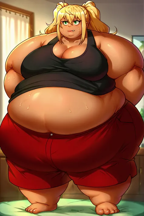 hibiki sakura, long hair, blonde hair, hair between eyes, twintails, green eyes, fang, dark skin, dark-skinned female, gyaru,shirt, cleavage, bare shoulders, collarbone, shorts, black shirt, short shorts, tank top, red shorts, black tank top, giant hands, ...