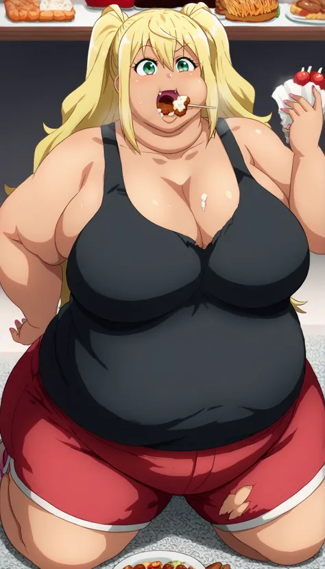 hibiki sakura, long hair, blonde hair, hair between eyes, twintails, green eyes, fang, dark skin, dark-skinned female, gyaru,shirt, cleavage, bare shoulders, collarbone, shorts, black shirt, short shorts, tank top, red shorts, black tank top, pretty beauti...