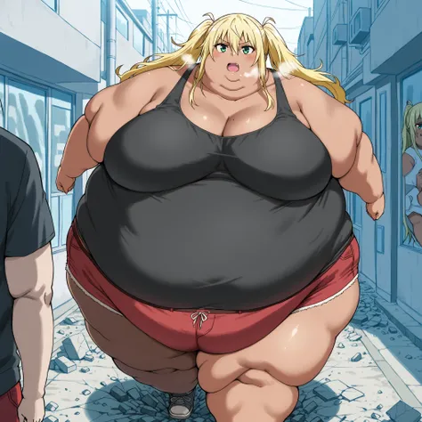 hibiki sakura, long hair, blonde hair, hair between eyes, twintails, green eyes, fang, dark skin, dark-skinned female, gyaru,shirt, cleavage, bare shoulders, collarbone, shorts, black shirt, short shorts, tank top, red shorts, black tank top, fat, chubby, ...