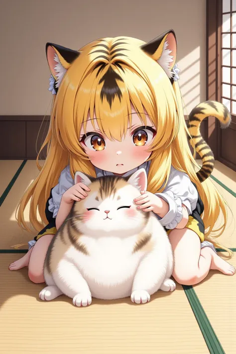 tolum,1girl, chibi, tatami room, cat sitting, tiger ear girl tapping and massaging cat's shoulders