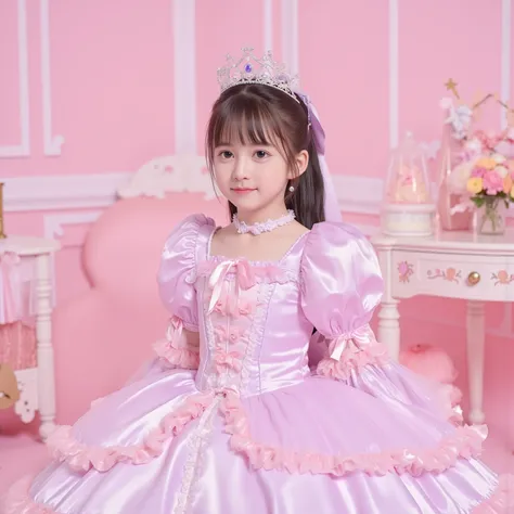 The princess's girl,((10 year old little girl)),,Small Faces,((Full Body:1.0)),long hair,Large Ball Gown Dress in Pastel Colors,Large hoop skirt ,((long sleeve)),puff sleeve,ruffle sleeve,Ruffle Yoke Collar,large yoke collar,lace up corset with ribbon,prin...