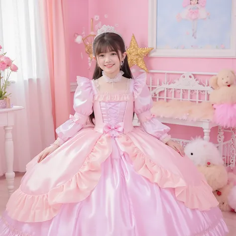 The princess's girl,((10 year old little girl)),,Small Faces,((Full Body:1.0)),long hair,Large Ball Gown Dress in Pastel Colors,Large hoop skirt ,((long sleeve)),puff sleeve,ruffle sleeve,Ruffle Yoke Collar,large yoke collar,lace up corset with ribbon,prin...